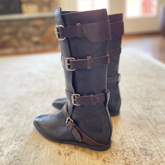 New OTBT Oiled Leather Buckled Moto Boots, black and brown size 6 - Picture 8 of 11